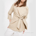 Casual Solid Color Bow Tie Front Blouse